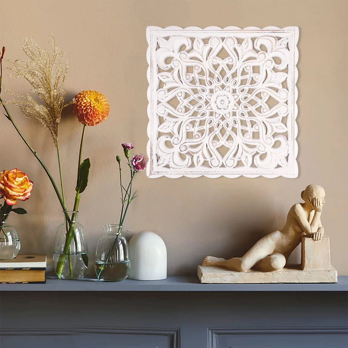 Hollow Carved Wooden Wall Decor Floral Wall Panel Hanging Decor Carved Hanging Ornaments Old Decorative Background Wall Hanging