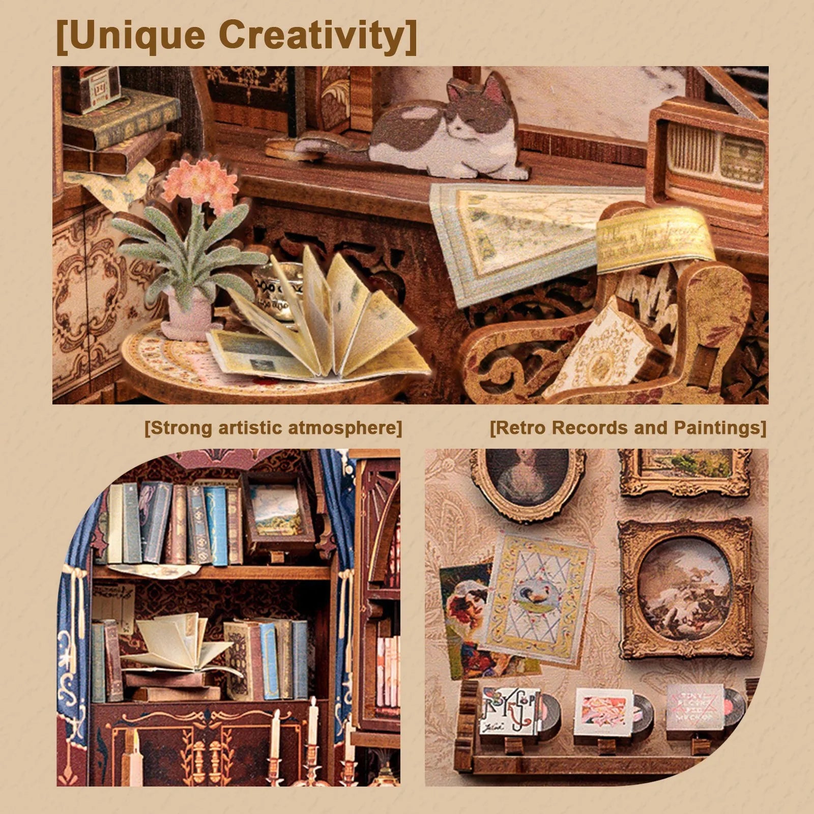 DIY Miniature House Dollhouse Library House Bookshelf Decor Vintage Book Corner Decoration Gift 3D Puzzle Decoration